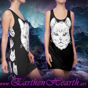 Witchy Cat and Moon / Women&#39;s Dress / Black Tank Top Short Summer Dress / Gothic Wicca Pagan Hippie Design Hecate Festival