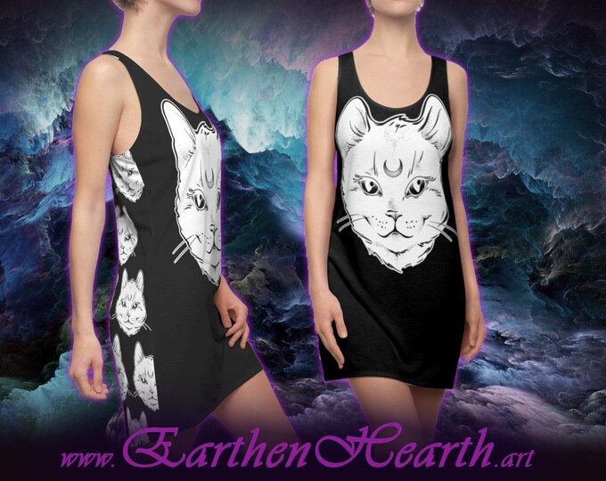 Witchy Cat and Moon / Women's Dress / Black Tank Top Short Summer Dress / Gothic Wicca Pagan Hippie Design Hecate Festival