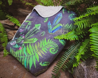 Green Crystals & Ferns / Sherpa Fleece Blanket / Pagan Witchy Spiritual