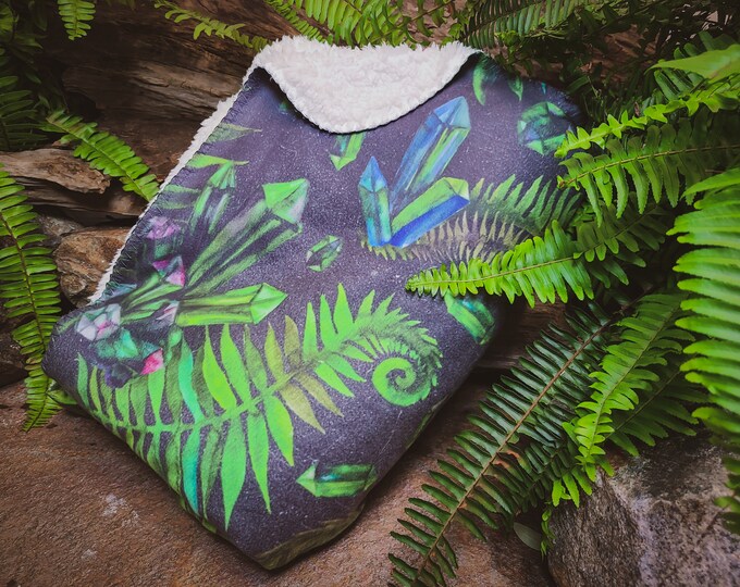 Green Crystals & Ferns / Sherpa Fleece Blanket / Pagan Witchy Spiritual