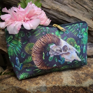 Emerald Skull Crystal Potion and Raven Makeup Bag / Witchy Pagan Druid Gothic Small Purse / Accessory Pencil Bag / Fantasy Watercolor Pouch