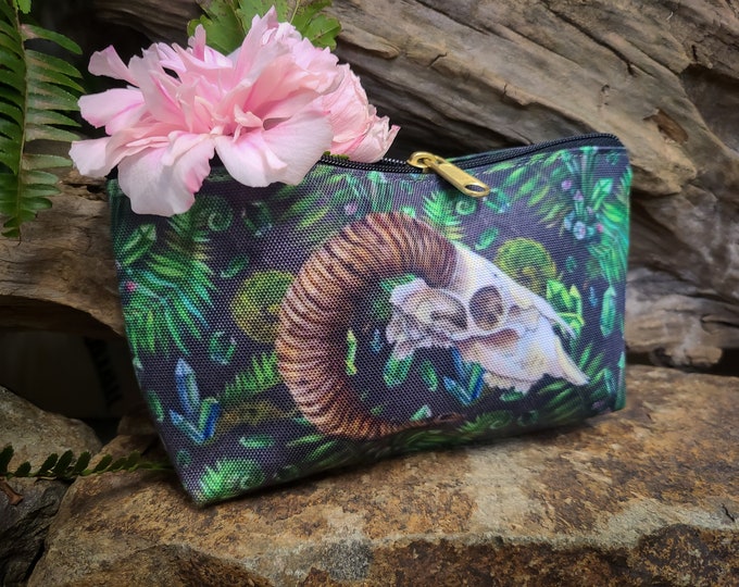 Emerald Skull Crystal Potion and Raven Makeup Bag / Witchy Pagan Druid Gothic Small Purse / Accessory Pencil Bag / Fantasy Watercolor Pouch