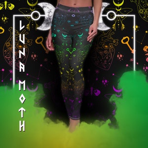 Witchy Luna Moth & Moon Leggings / Spiritual Neon Rainbow Comfortable Yoga Pants / Ultra Soft