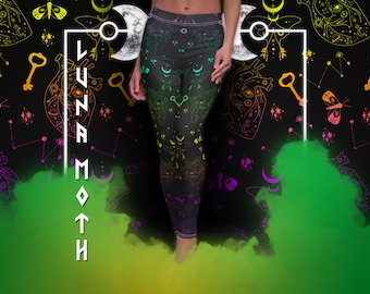 Witchy Luna Moth & Moon Leggings / Spiritual Neon Rainbow Comfortable Yoga Pants / Ultra Soft