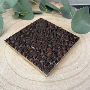 May include: Square coaster with a mosaic of dark brown coffee beans set in clear resin. It has a gold-coloured metal frame. The background includes eucalyptus leaves and a wooden surface.