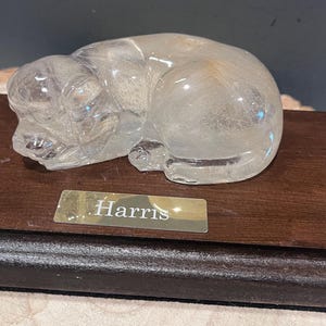 Puede incluir: Una figura de gato de cuarzo transparente sobre una base de madera oscura. El gato está esculpido en posición enroscada, con detalles visibles. Una pequeña placa dorada con el nombre "Harris" está fijada a la base.