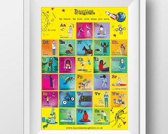 May include: A framed poster with a yellow background features an alphabet with illustrations of various professions. The text "Dauntless Daughters" and "Be brave. Be bold. Live what you love." are at the top. Each letter has a corresponding image, such as an astronaut and a ballerina.