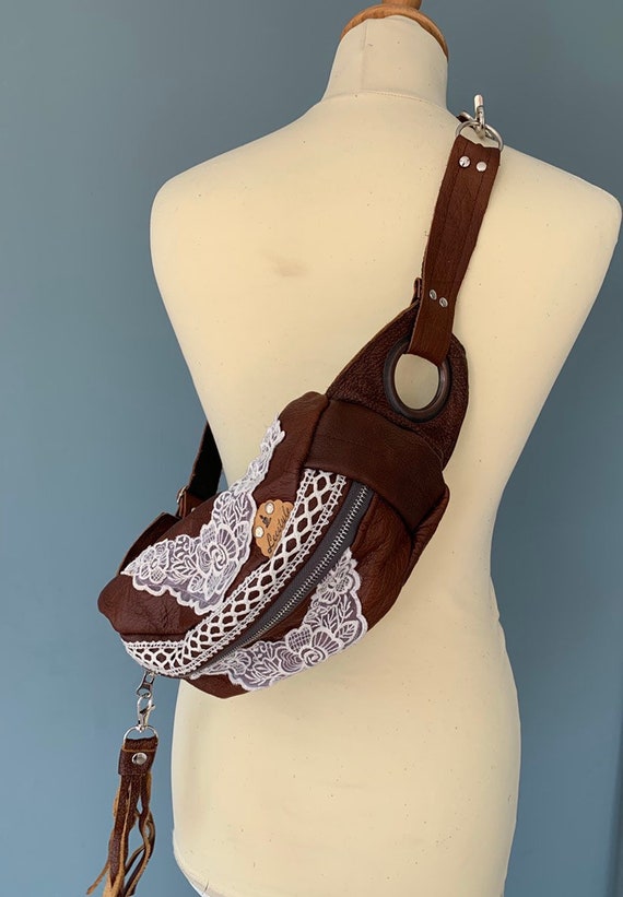 Fanny Pack Beltbag In Brown Leather With Lace Etsy