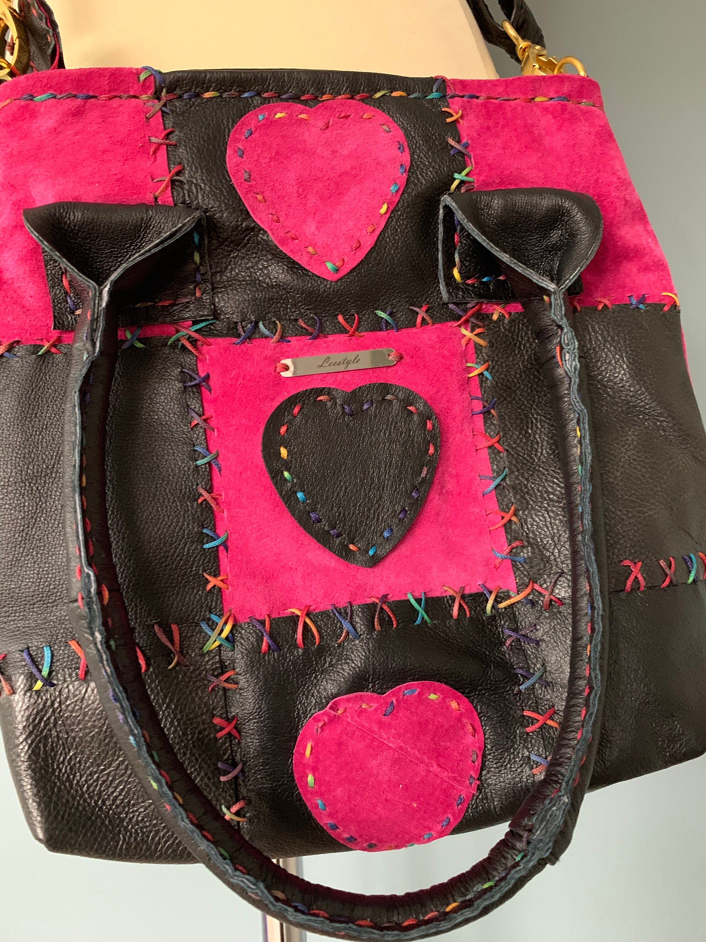 Patchwork Leather Handbag Shoulder Bag Pink Black