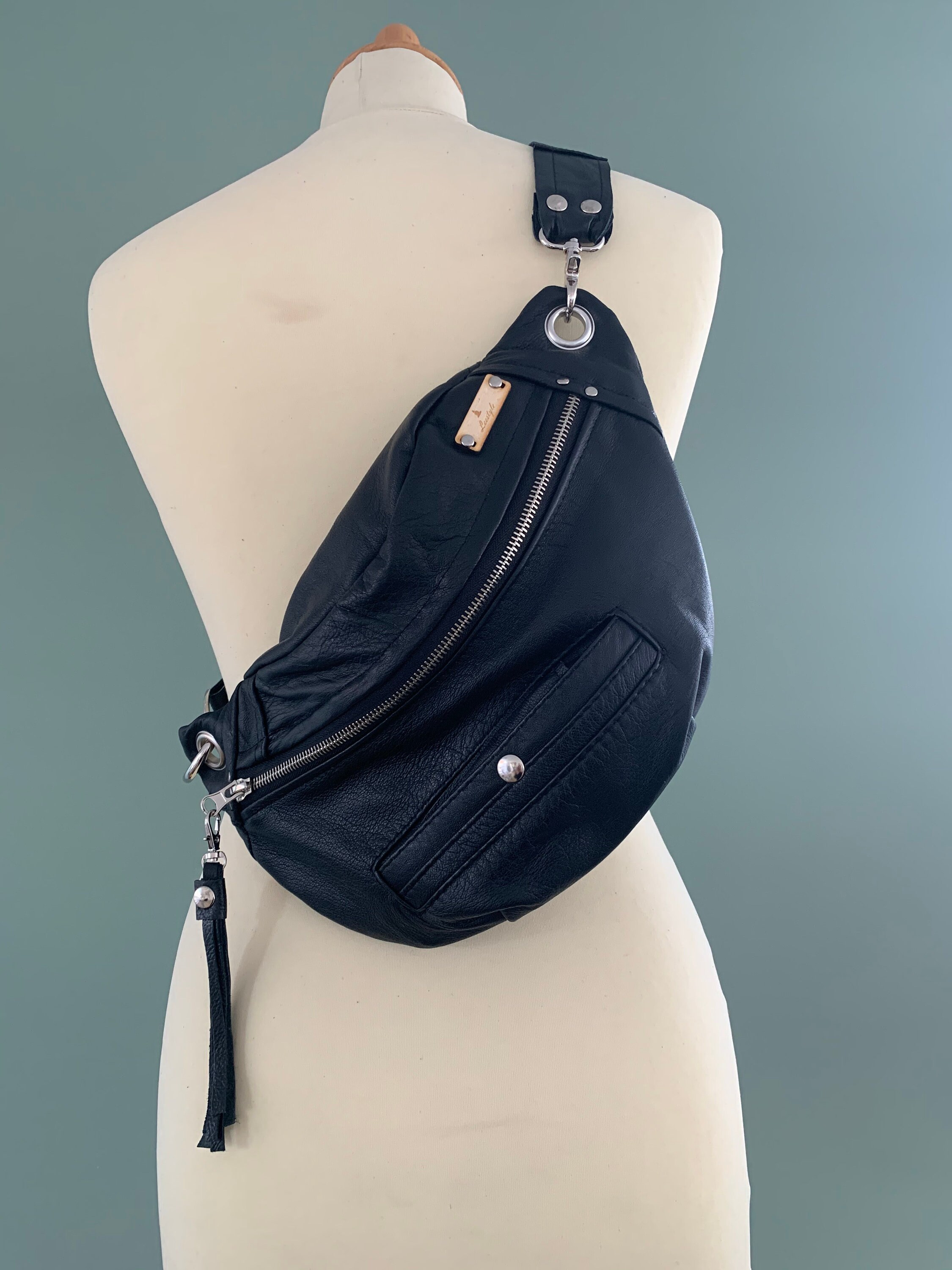 Fanny Pack bumbag beltbag black leather hobo bag belly bag crossbag