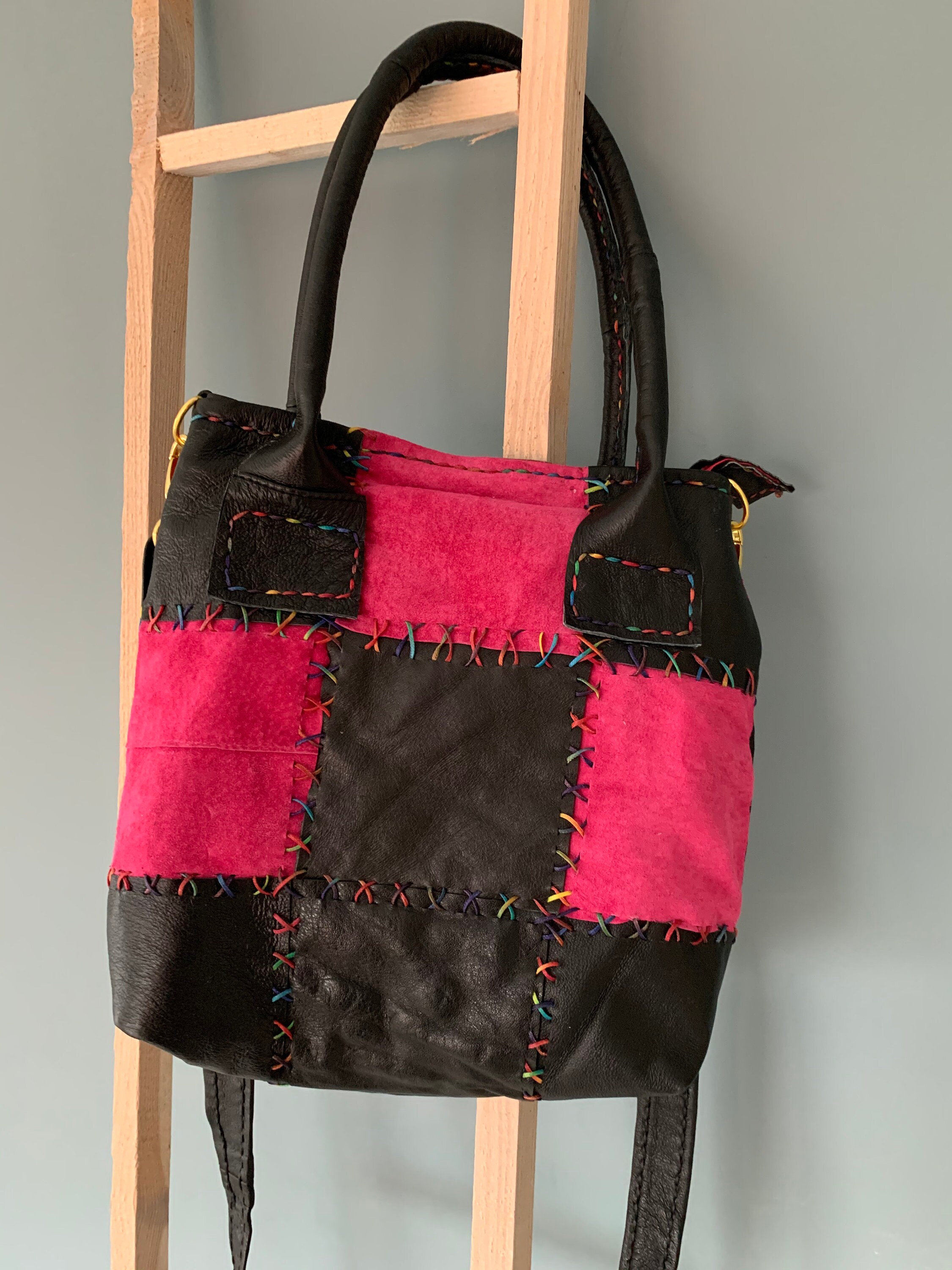 Patchwork Leather Handbag Shoulder Bag Pink Black