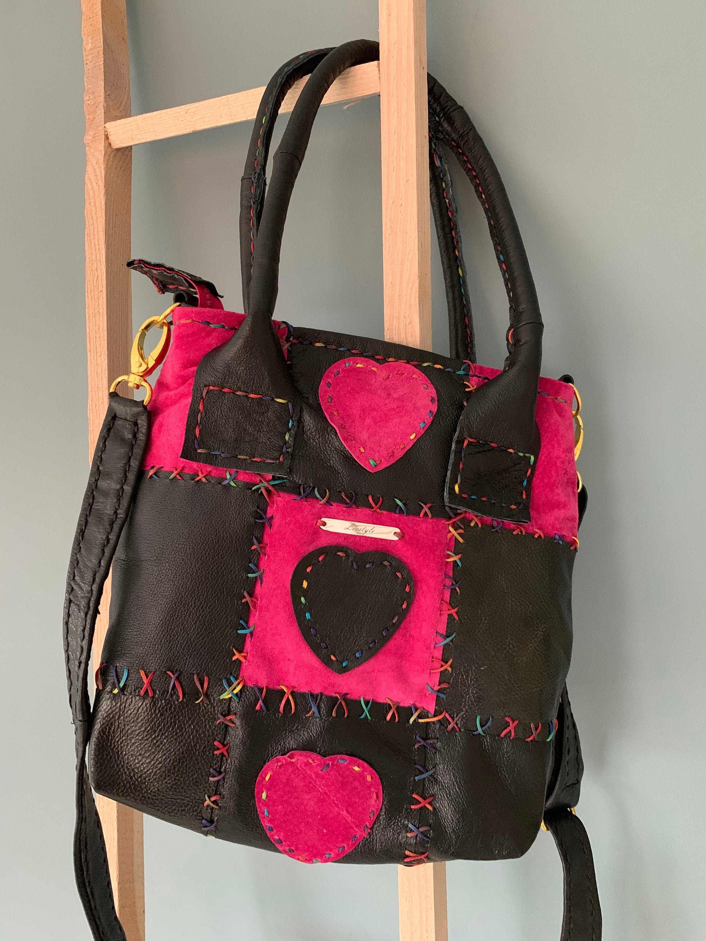 Patchwork Leather Handbag Shoulder Bag Pink Black