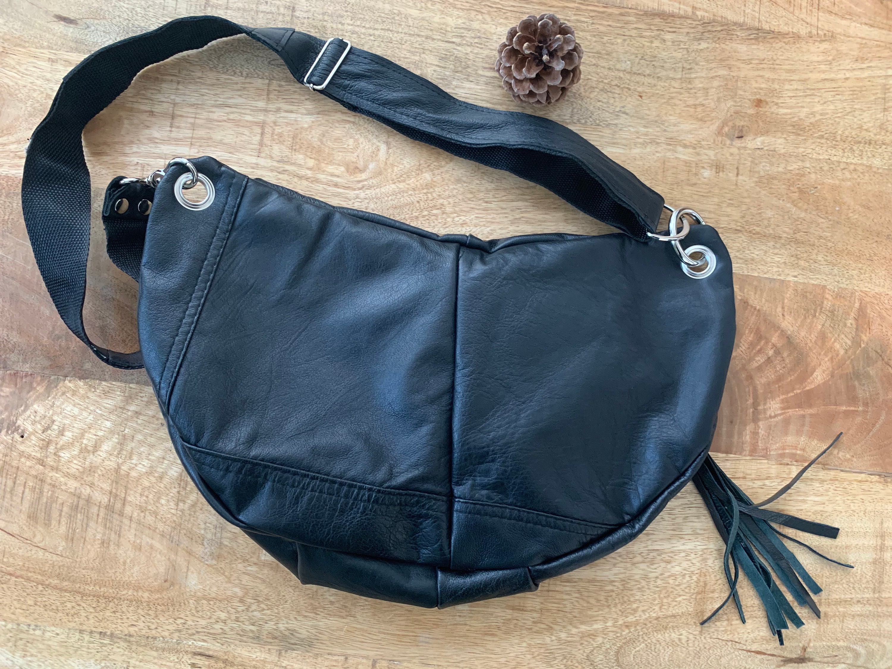 Fanny Pack crossbody bag medium size bumbag hobo bag black Leather