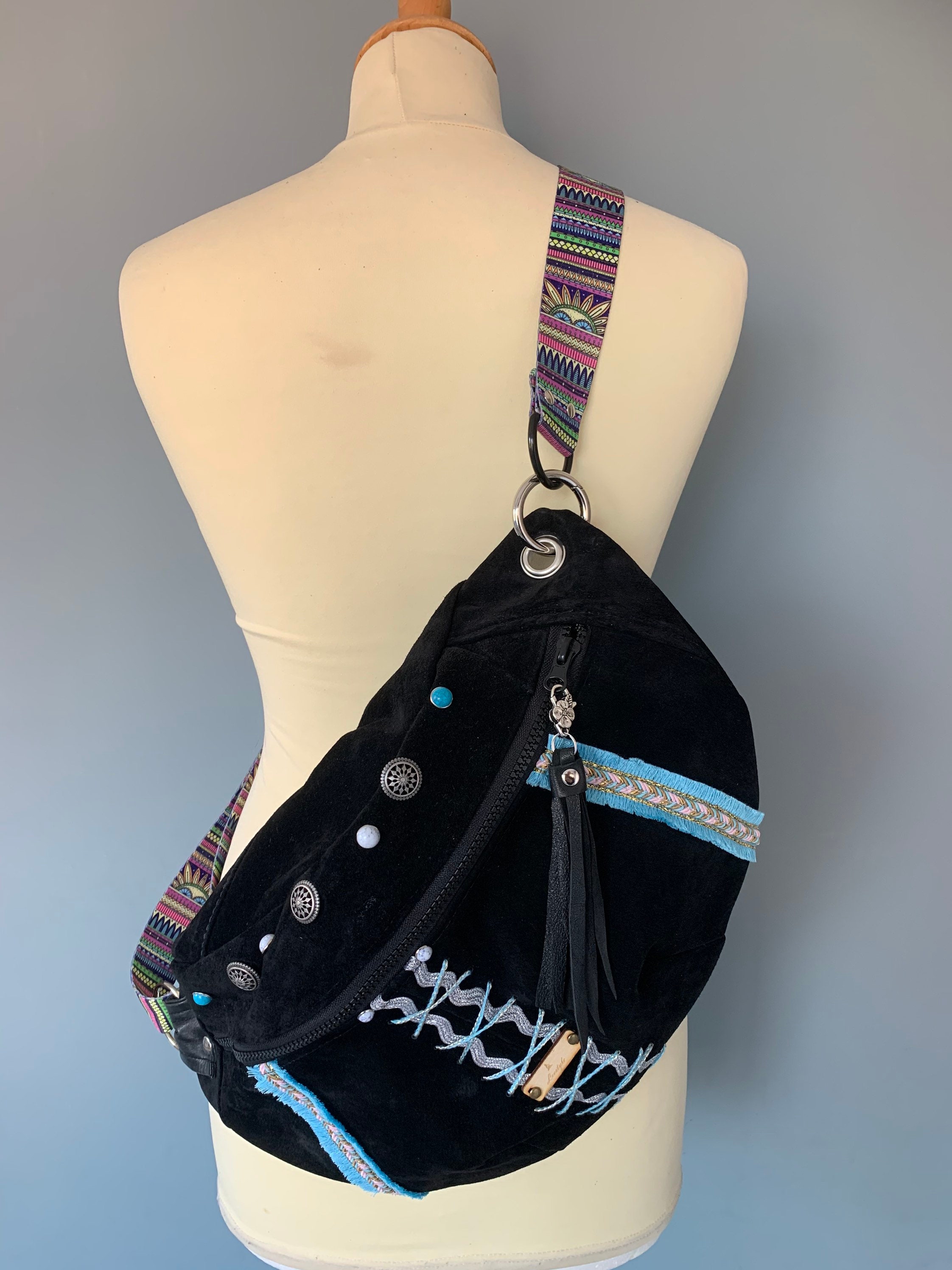 Boho chic style black leather Fanny pack crossbody bag