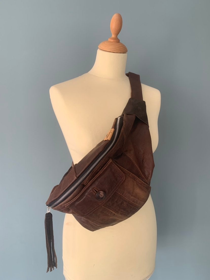 Leather Fanny Pack Hobo bumbag waist bag cross body bag brown leather