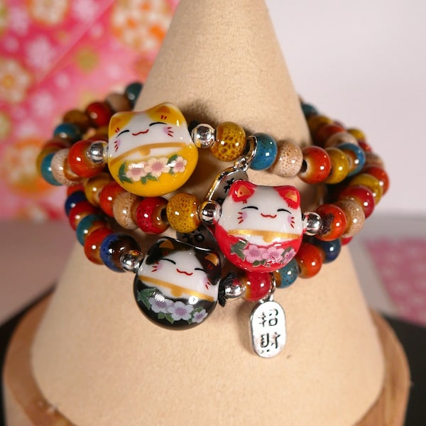 Bracelet de perles en porcelaine élastique chat porte-bonheur japonais maneki-neko couleur au choix rouge jaune noir rose orange bleu, Noël