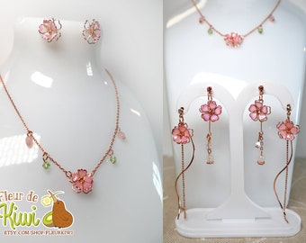 Pendant necklace and earrings, cherry blossom jewelry, sakura, hanami festival, Japanese lucky charm, several models to choose from