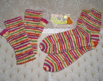 Set, lot of mittens and socks for women in wool, tutti frutti color, multicolor, winter gift idea, Christmas 2023, warm accessory