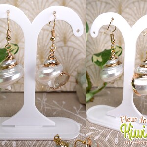 May include: A pair of seashell earrings with gold-colored accents. The earrings feature a pearlescent white shell design with a gold-colored rim and hook. The earrings are displayed on a white stand.