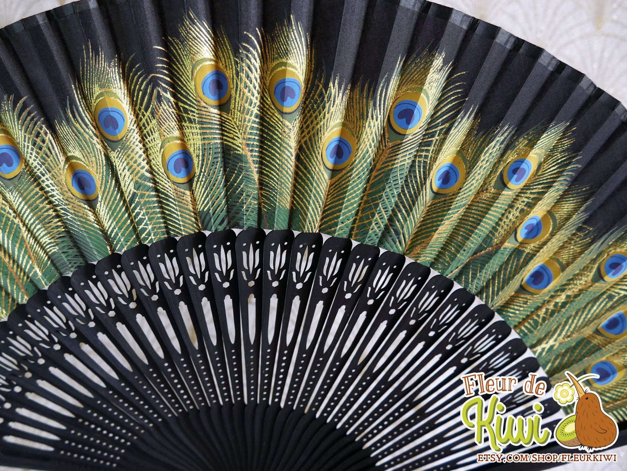 Black and Gold Peacock Feather Folding Fan, Hand Painted 