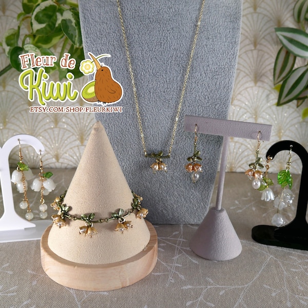 Bijoux boucles d'oreilles, bracelet, pendentif, fleur de muguet, bijoux mignon, fait main, cadeau fête des mères, printemps, 1er Mai, fleur