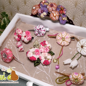 Hair clip, Heandband, sakura cherry blossom, round flower, Japanese, handmade fabric, traditional Japanese tsumami kanzashi art