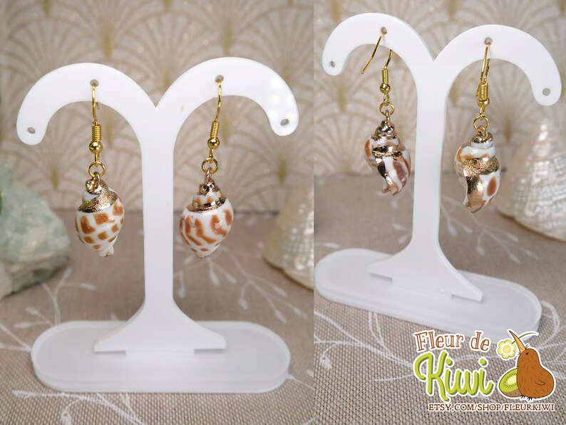 May include: A pair of seashell earrings with gold-colored accents. The earrings feature small, detailed seashells with a mix of white, brown, and gold tones, suspended from gold-colored hooks.