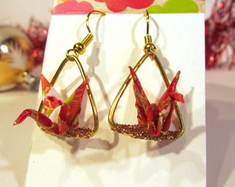 Origami red gold triangle earrings