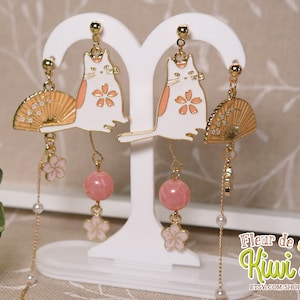 Asymmetrical earrings, cat jewelry, cherry blossom, fan, neko, sakura, Japanese lucky charm, several models, maneki neko