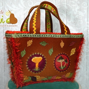 Knitting basket, sewing basket, hand embroidered basket, beautiful work, gipsy style, in thick felt, autumn theme, forest and mushrooms