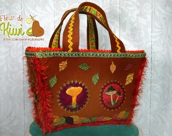 Knitting basket, sewing basket, hand embroidered basket, beautiful work, gipsy style, in thick felt, autumn theme, forest and mushrooms