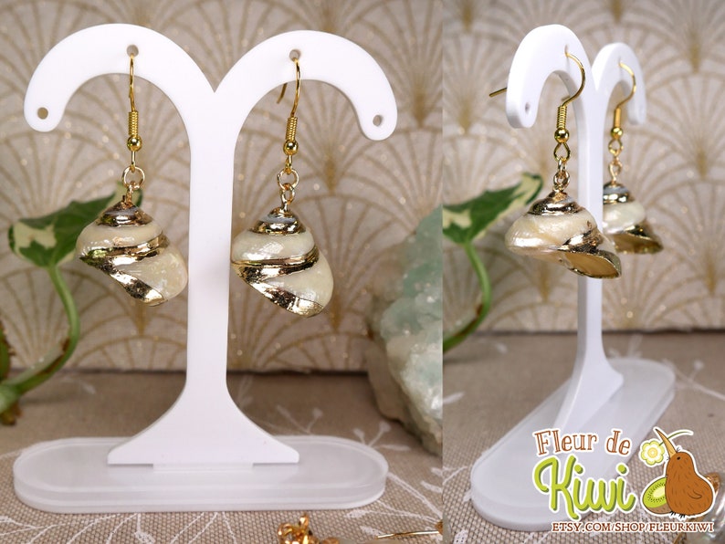 May include: A pair of seashell earrings with gold accents. The earrings are displayed on a white stand. The shells are cream-colored with gold-colored edges and details. The earrings have gold-colored hooks.
