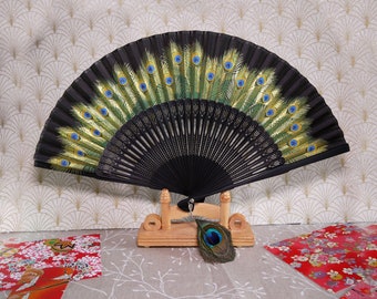 Black and gold foldable peacock feather fan, hand painted, elegant chic, wedding accessory, gift, heat wave, summer, peacock folding fan