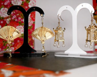 Japanse sieraden: oorbellen, pagode, verguld metalen waaier, cadeau-idee voor Chinees Nieuwjaar 2026, gelukssieraden, Jaar van het Paard