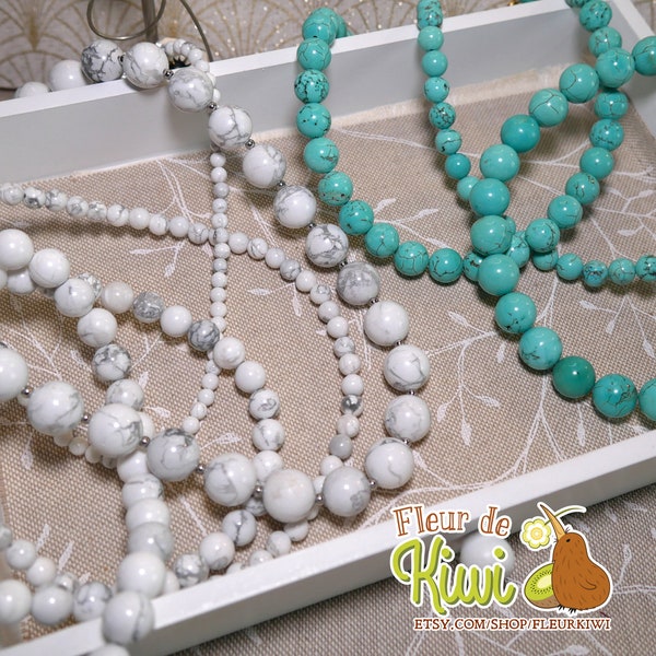 Collier en pierre naturelle semi précieuse, Howlite naturelle, Howlite teintée turquoise, perle ronde, idée cadeau, Noël 2023, anniversaire