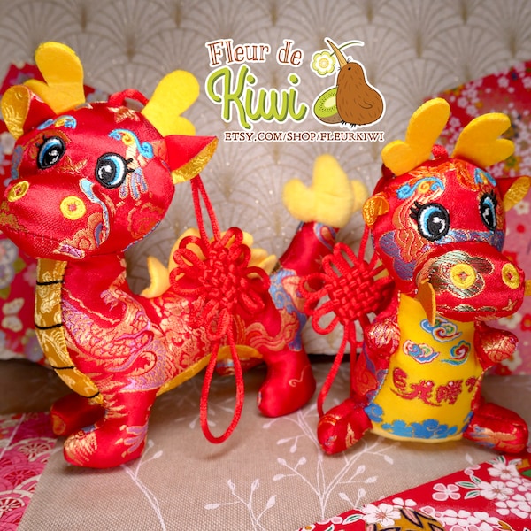 Peluche Dragon porte bonheur, dragon décoratif ornement, nouvelle année lunaire, nouvel an chinois, année du dragon 2024, couleur rouge or