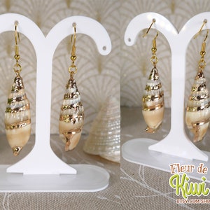 May include: A pair of seashell earrings with gold-colored accents. The earrings are displayed on a white stand. The seashells have a spiral design and are a light beige color.
