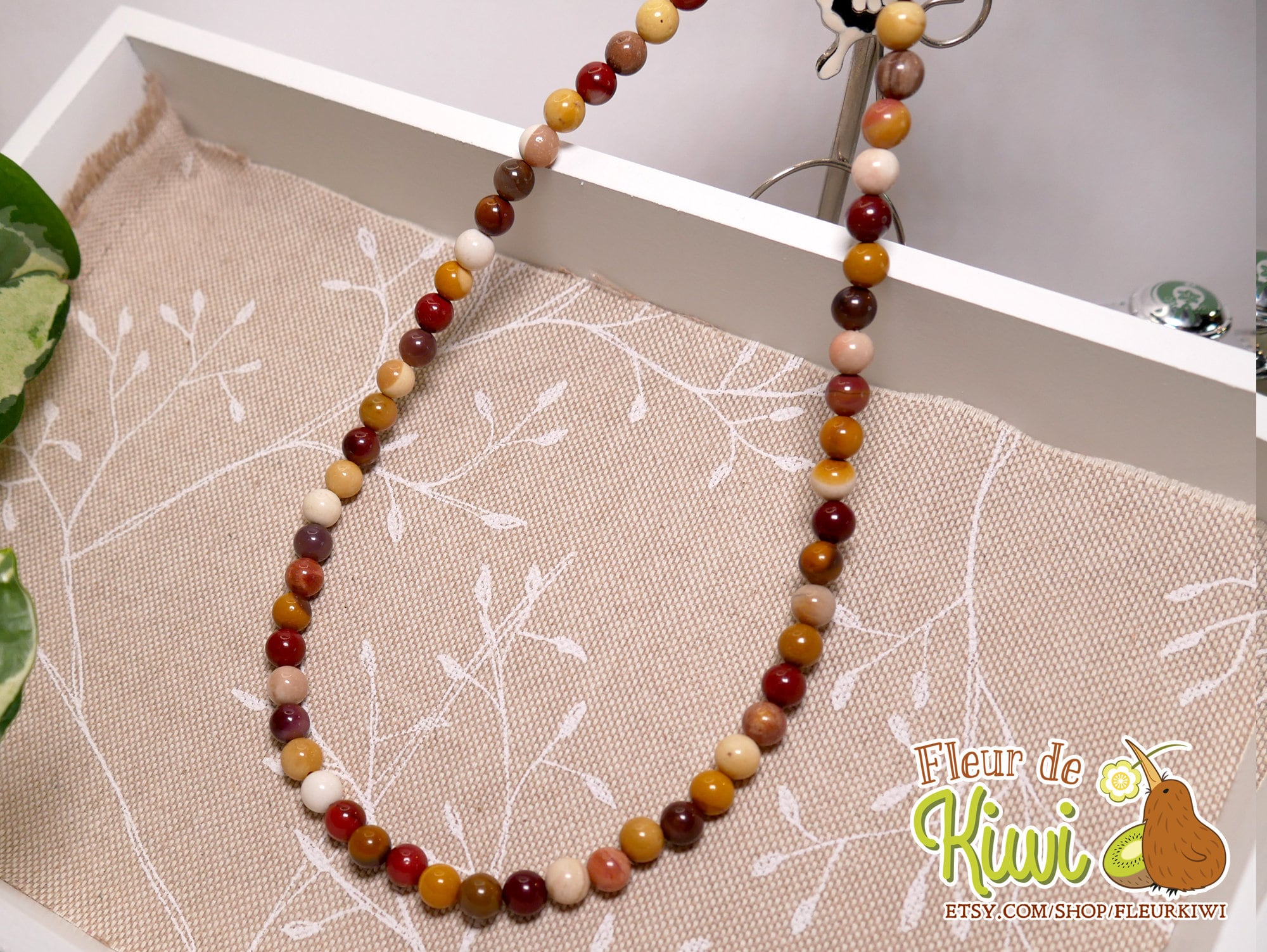 Collier Classique En Jaspe Mokaite, Pierres Naturelles Rondes Réglable - Fait Main