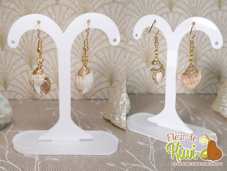 May include: Two seashell earrings with gold-colored accents are displayed on a white earring stand. The earrings feature natural-colored shells with gold-colored caps and hooks. The earrings are showcased against a soft background.