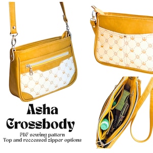 May include: A mustard yellow crossbody bag with a white front pocket featuring a repeating geometric pattern. The bag includes a shoulder strap, a top zipper, and an interior with multiple pockets. Text reads: Asha Crossbody PDF sewing pattern Top and recessed zipper options.