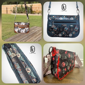 May include: A collection of crossbody bags featuring various patterns including floral, tarot card, and cherry prints. Each bag includes a zippered closure, a detachable adjustable strap, and a metal logo tag labeled IV Bags & Things.