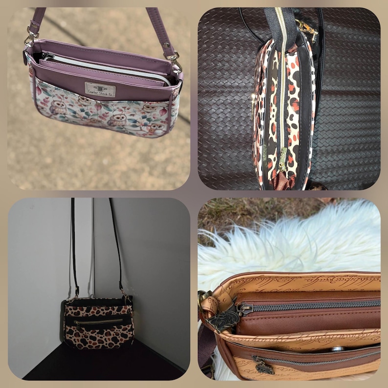 May include: A multi-panel view of various crossbody bags. One bag features a mauve top with an owl-patterned pocket and a label reading "Larter Shack Co.". Another bag displays a black and brown leopard print. A third bag shows a brown exterior with a script-patterned lining and a zipper closure.