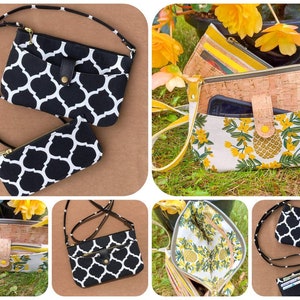May include: Four different styles of small crossbody bags. Two bags feature a black and white geometric pattern, one bag has a cork exterior with a pineapple design, and one bag has a floral print with a cork accent.