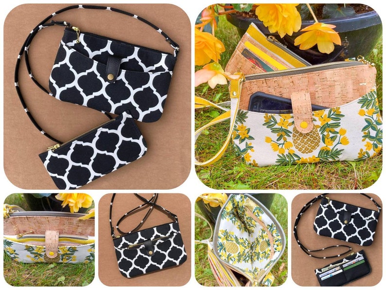 May include: Four different styles of small crossbody bags. Two bags feature a black and white geometric pattern, one bag has a cork exterior with a pineapple design, and one bag has a floral print with a cork accent.