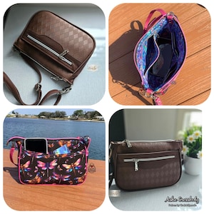 May include: A brown crossbody bag with a diamond-patterned exterior, silver zippers, and a pink-trimmed interior featuring a colorful dragonfly print. The bag includes an external pocket containing a smartphone and a card, with the text Asha Crossbody.