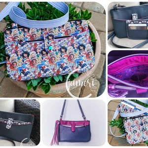 May include: A set of three different crossbody bags. The first bag has a colorful print of Disney princesses. The second bag is black with a red zipper and a small pocket. The third bag is a dark blue with a purple zipper and a tassel.