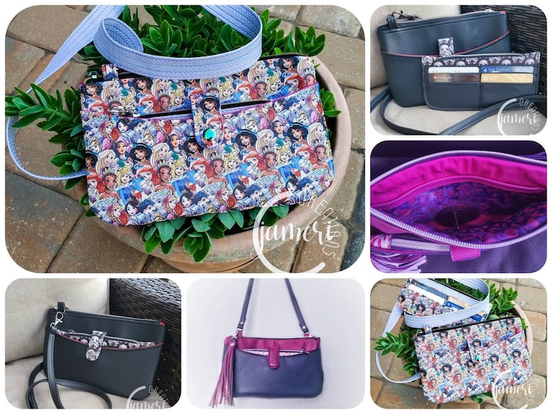 May include: A set of three different crossbody bags. The first bag has a colorful print of Disney princesses. The second bag is black with a red zipper and a small pocket. The third bag is a dark blue with a purple zipper and a tassel.