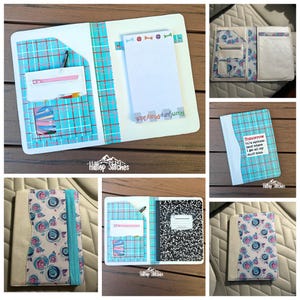 May include: Notebooks and organizers with a variety of designs. One notebook has a blue plaid pattern, a pink zipper pocket, and a notepad. Another has a floral pattern with blue and pink roses. The text "Tomorrow (n) a mythical land where I get all my stuff done" is visible.