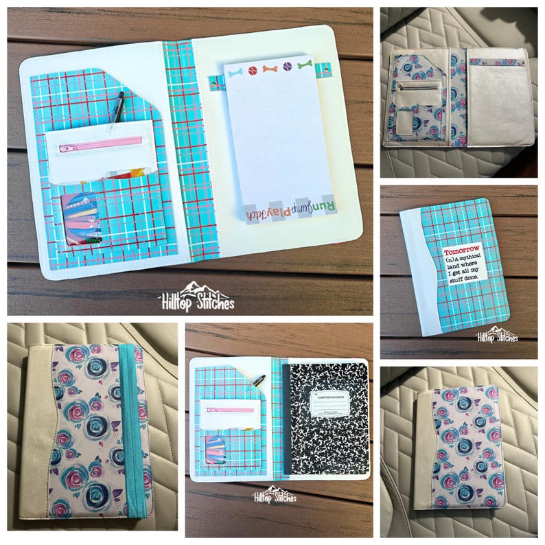 May include: Notebooks and organizers with a variety of designs. One notebook has a blue plaid pattern, a pink zipper pocket, and a notepad. Another has a floral pattern with blue and pink roses. The text "Tomorrow (n) a mythical land where I get all my stuff done" is visible.