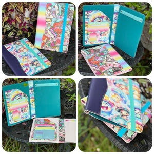 May include: A collection of colorful notebooks and organizers. The covers feature vibrant patterns with cartoon characters, mushrooms, and rainbows. Some are open, revealing pockets and interior designs. The color palette includes teal, purple, pink, and yellow.